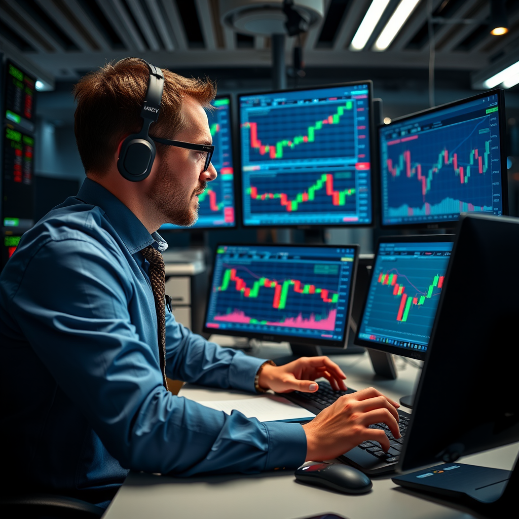 Trader professionnel analysant des graphiques de trading sur plusieurs écrans d'ordinateur dans un environnement de bureau moderne avec des courbes de marché et des indicateurs techniques visibles