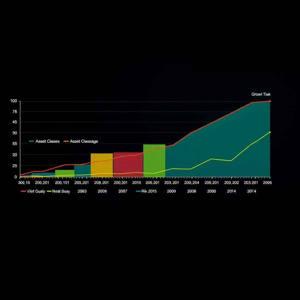 Graphique illustrant la performance d'un portefeuille diversifié avec différentes classes d'actifs, montrant des courbes de croissance et des indicateurs de risque sur plusieurs années
