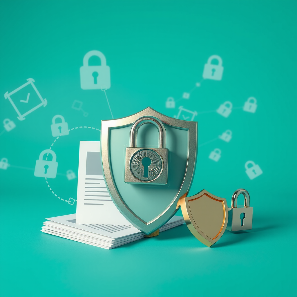 Illustration représentant la sécurité des données avec des icônes de cadenas, bouclier et documents sécurisés sur fond teal professionnel