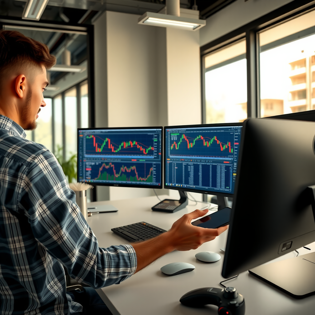 Trader professionnel expérimenté en session de mentorat individuel avec un étudiant, analysant des graphiques de trading sur plusieurs écrans dans un bureau moderne