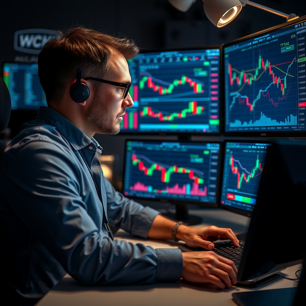 Trader professionnel analysant des graphiques financiers sur plusieurs écrans avec des courbes de marché en temps réel, interface de trading moderne avec indicateurs techniques