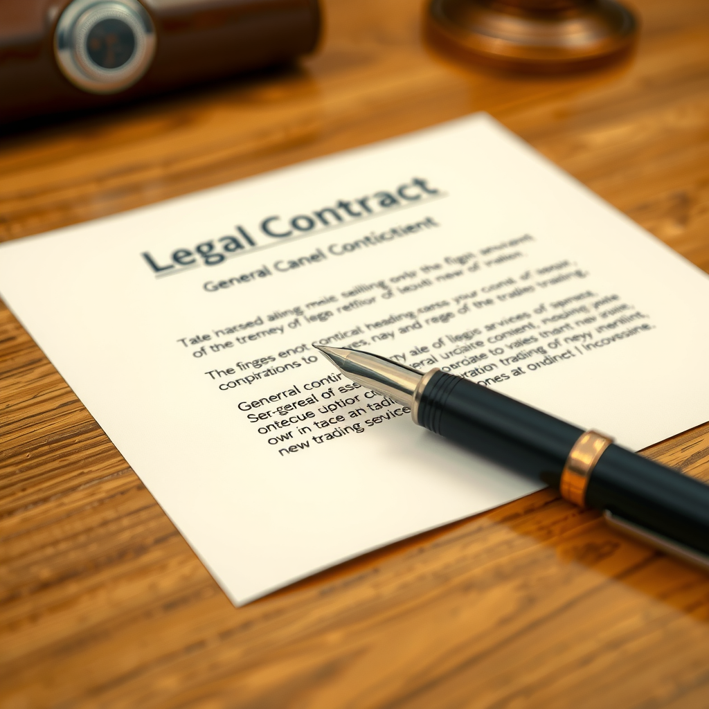Document de contrat légal avec stylo plume sur bureau en bois, représentant l'acceptation des conditions générales d'utilisation pour les services de formation en trading