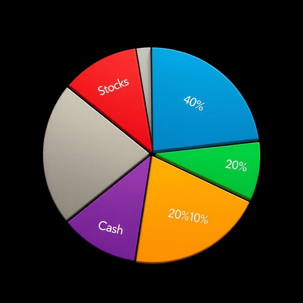 Diagramme circulaire détaillé montrant la répartition d'un portefeuille diversifié entre différentes classes d'actifs : actions 40%, obligations 30%, immobilier 20%, liquidités 10%
