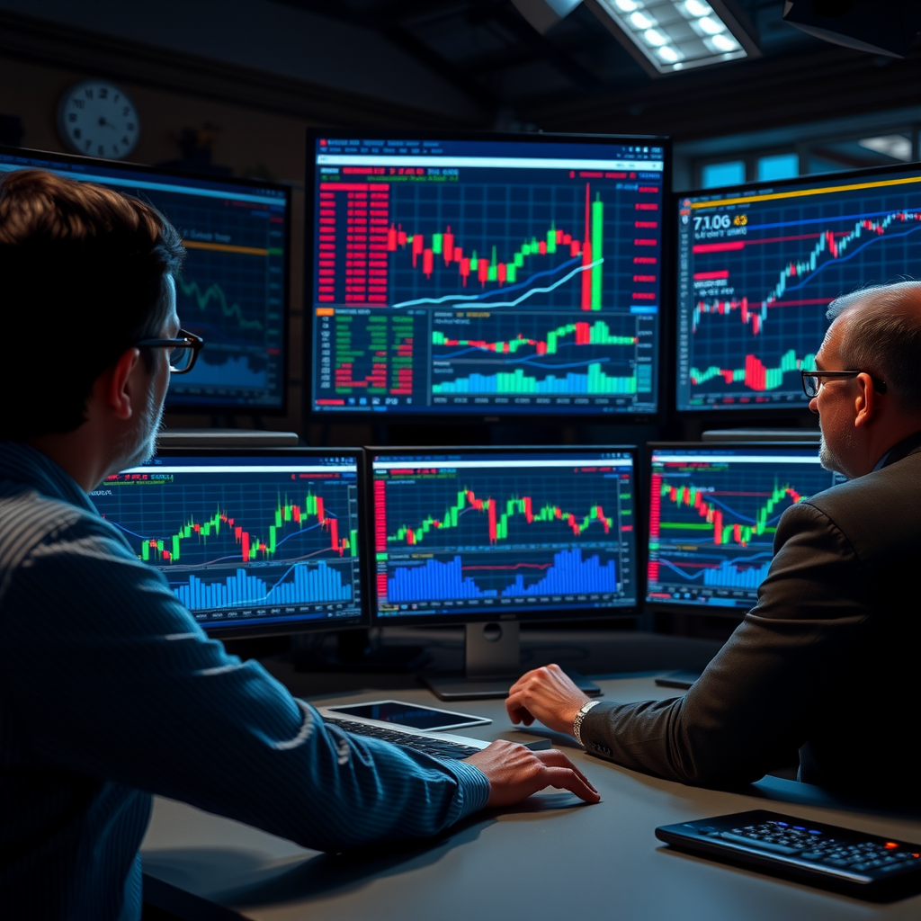 Session de mentorat en trading avec analyse détaillée de graphiques financiers, indicateurs techniques et stratégies de gestion des risques sur écrans multiples