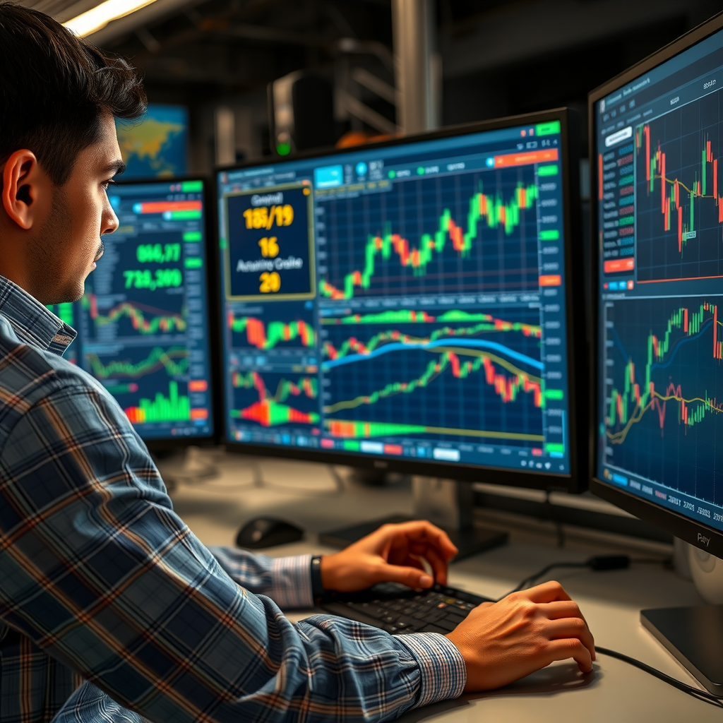 Trader analysant des stratégies de trading algorithmique complexes sur une plateforme de trading avancée avec des indicateurs techniques sophistiqués