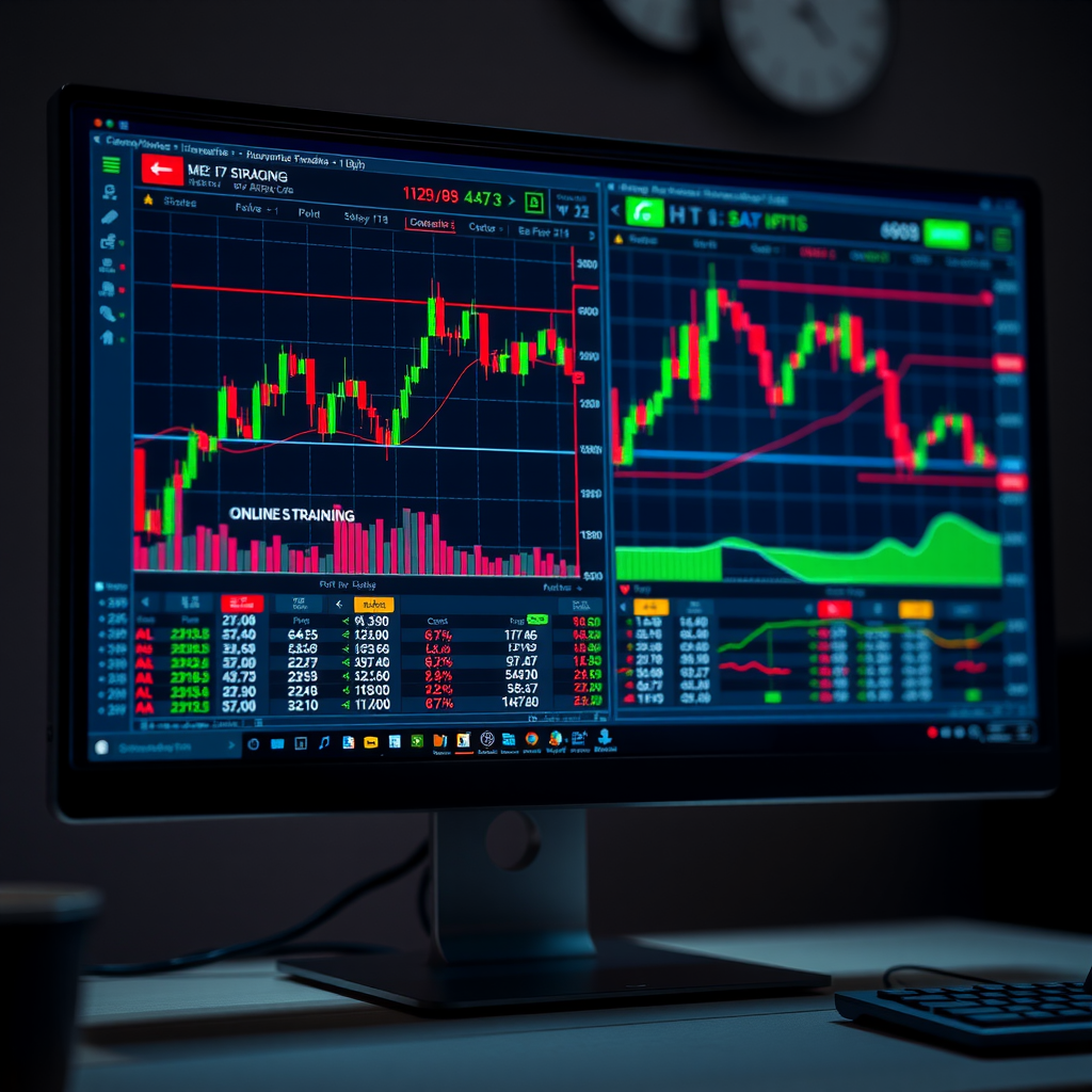 Écran d'ordinateur affichant des graphiques de trading avec des chandeliers japonais, indicateurs techniques et tableaux d'analyse financière pour la formation en ligne