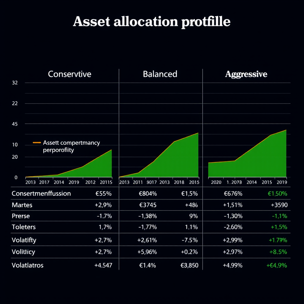Tableau comparatif détaillé montrant l'évolution de trois profils d'allocation d'actifs (conservateur, équilibré, agressif) sur une période de 10 ans avec courbes de performance et indicateurs de volatilité