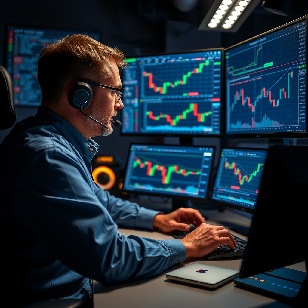 Trader avancé utilisant plusieurs moniteurs avec des algorithmes de trading complexes et des graphiques en temps réel