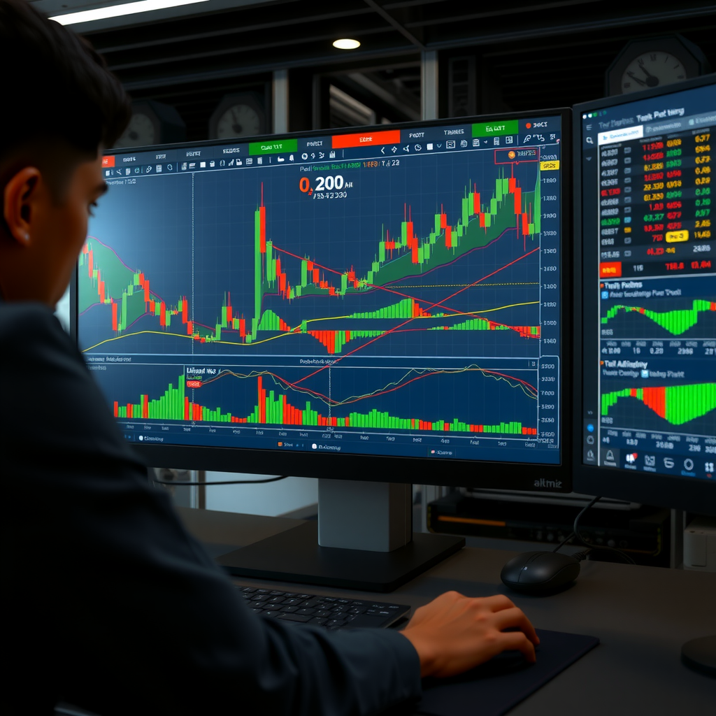 Analyse avancée de trading montrant des stratégies complexes, multiples indicateurs techniques, patterns de prix et gestion de portefeuille sur plateforme professionnelle