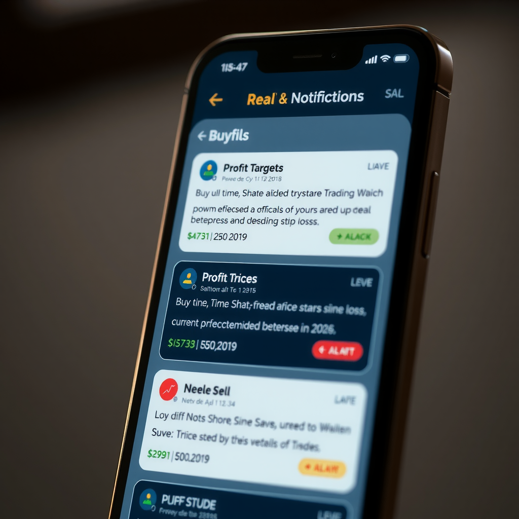 Interface d'application mobile de trading montrant des notifications push en temps réel avec signaux d'achat et de vente, prix actuels, objectifs de profit et niveaux de stop-loss recommandés