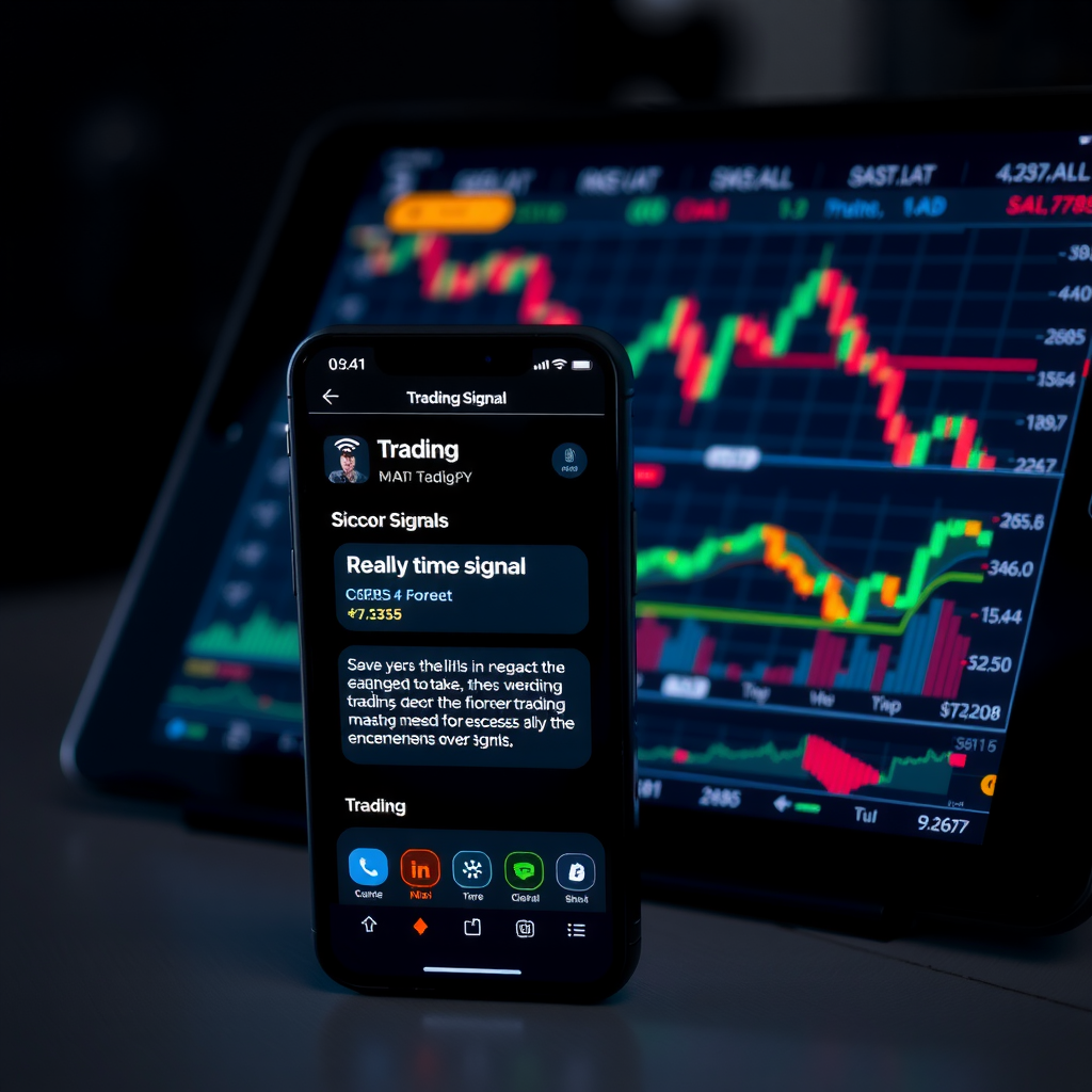 Smartphone et tablette affichant des notifications de signaux de trading en temps réel avec graphiques forex et cryptomonnaies