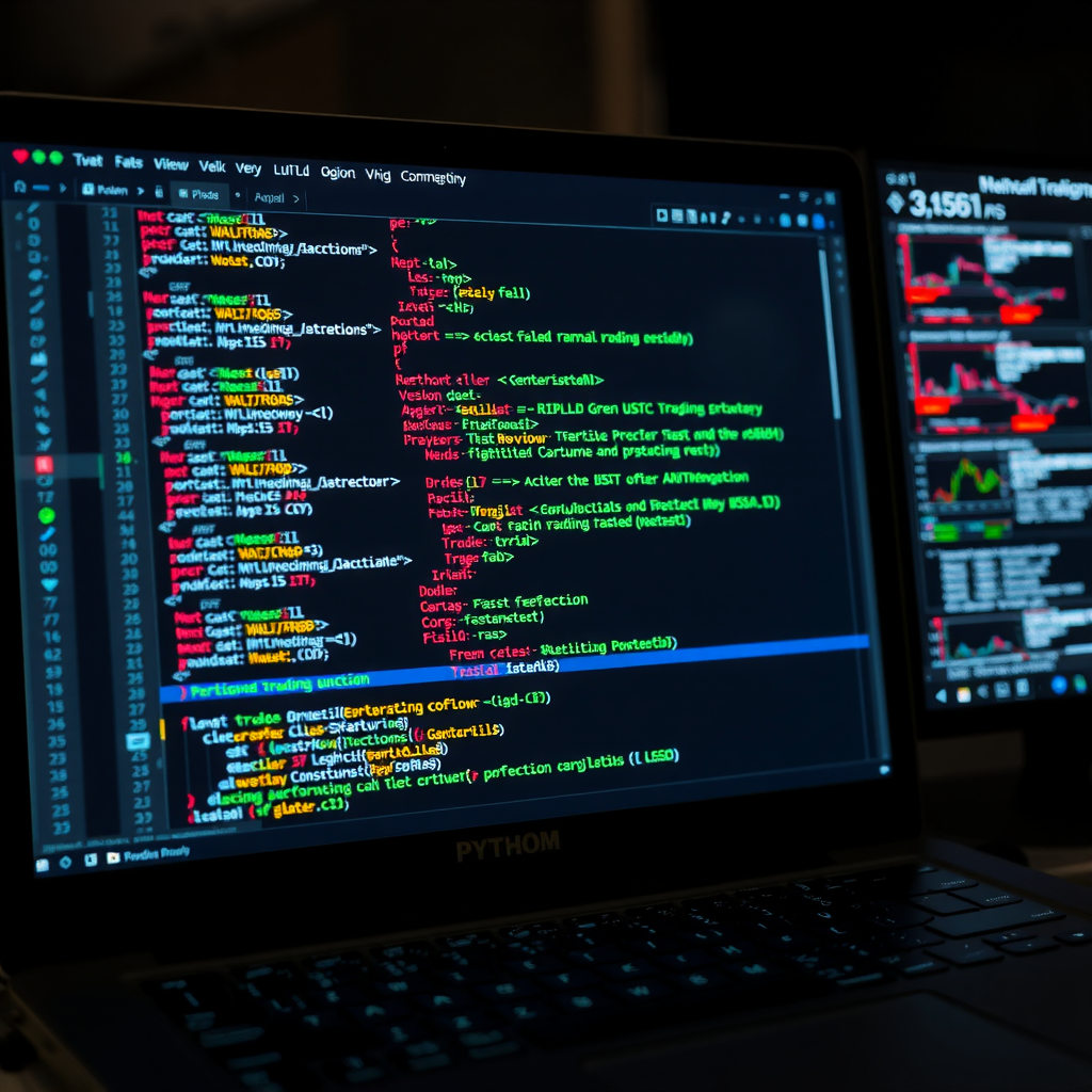 Éditeur de code Python montrant une stratégie de trading algorithmique avec des indicateurs techniques, des fonctions de backtesting et des résultats de performance