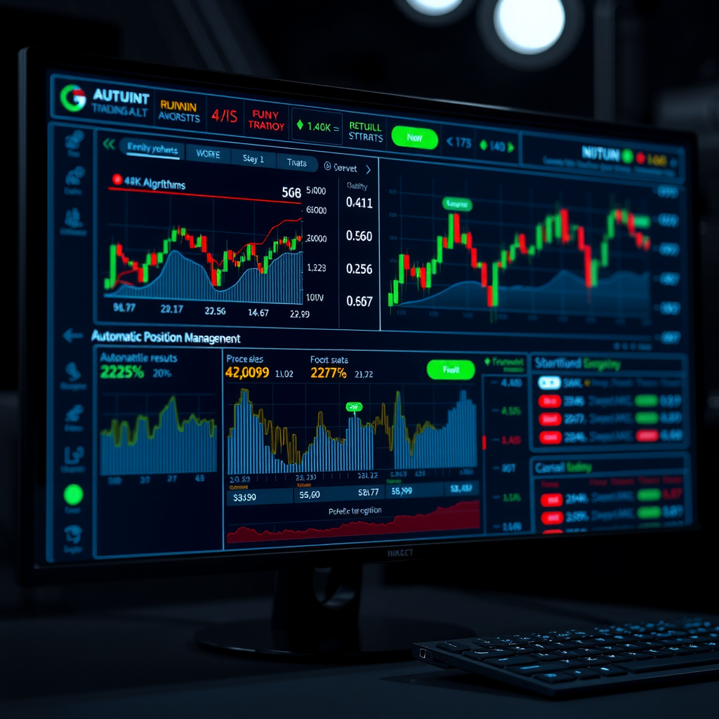 Interface de système de trading automatisé montrant des algorithmes en cours d'exécution, statistiques de performance, backtesting results et gestion automatique des positions