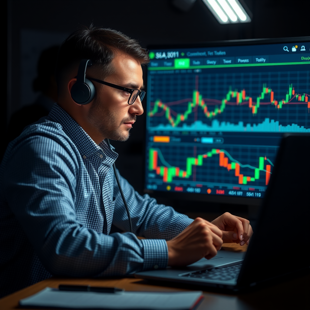 Trader dans un état de concentration profonde avec un journal de trading détaillé et un tableau de bord de suivi de la performance mentale et émotionnelle