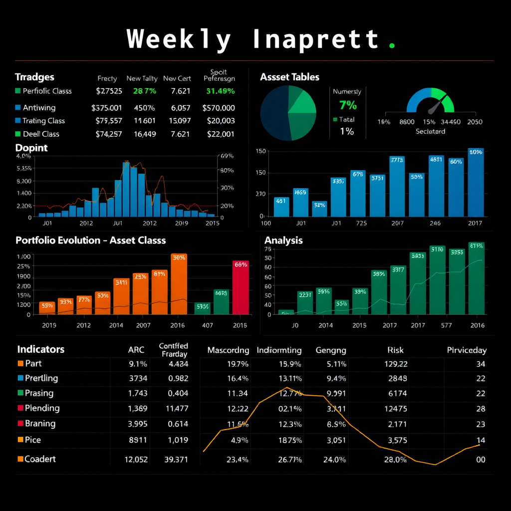 Rapport hebdomadaire professionnel de trading montrant statistiques de performance détaillées, graphiques d'évolution du portefeuille, tableaux d'analyse par classe d'actifs et indicateurs de risque avec données chiffrées