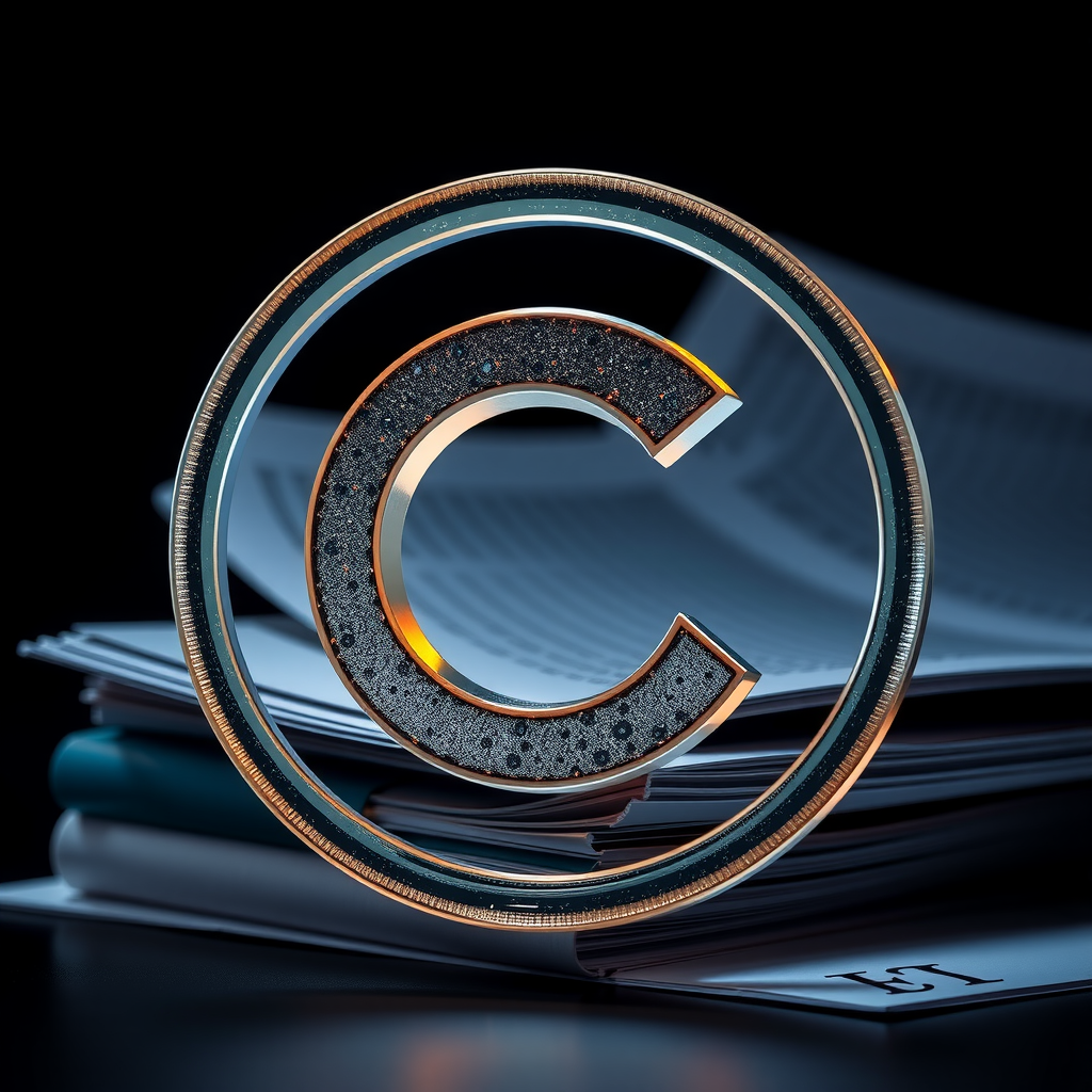 Symbole de copyright avec documents légaux, représentant la protection de la propriété intellectuelle des contenus de formation en trading et des ressources pédagogiques