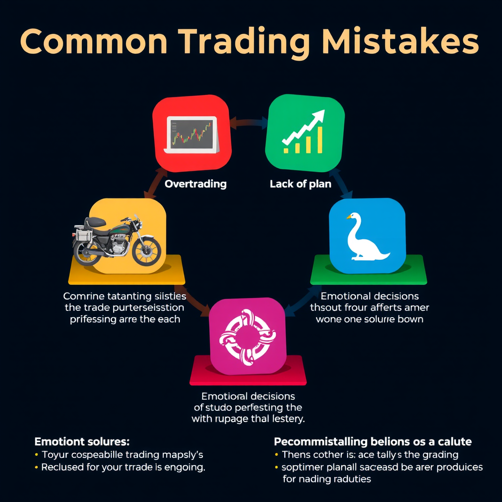 Infographie colorée présentant les erreurs courantes en trading avec des icônes représentant le surtrading, l'absence de plan, les décisions émotionnelles et les solutions recommandées pour chaque problème