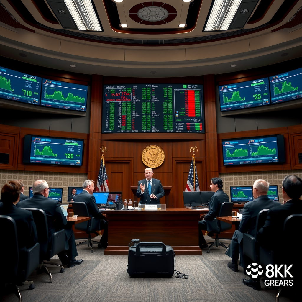 Salle de conférence de banque centrale avec gouverneur annonçant une décision sur les taux d'intérêt, écrans affichant les taux directeurs et réactions des marchés en temps réel