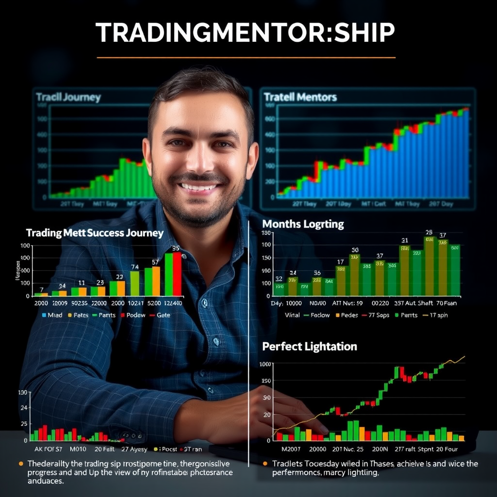 Parcours de réussite en mentorat trading montrant l'évolution d'un trader sur 12 mois avec graphiques de progression, jalons atteints et transformation des performances