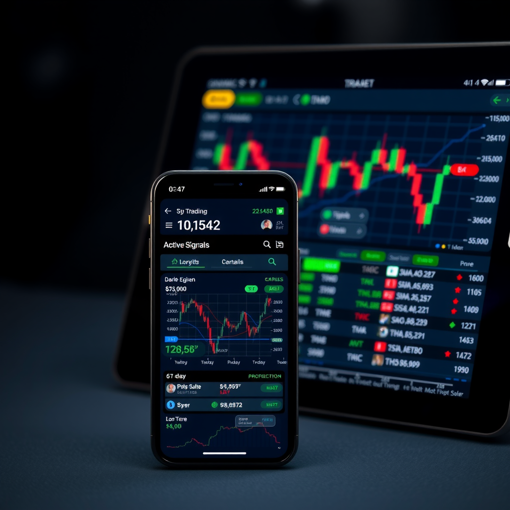 Application mobile de trading professionnelle affichée sur smartphone et tablette avec interface utilisateur moderne, graphiques de prix interactifs, liste de signaux actifs et notifications en temps réel