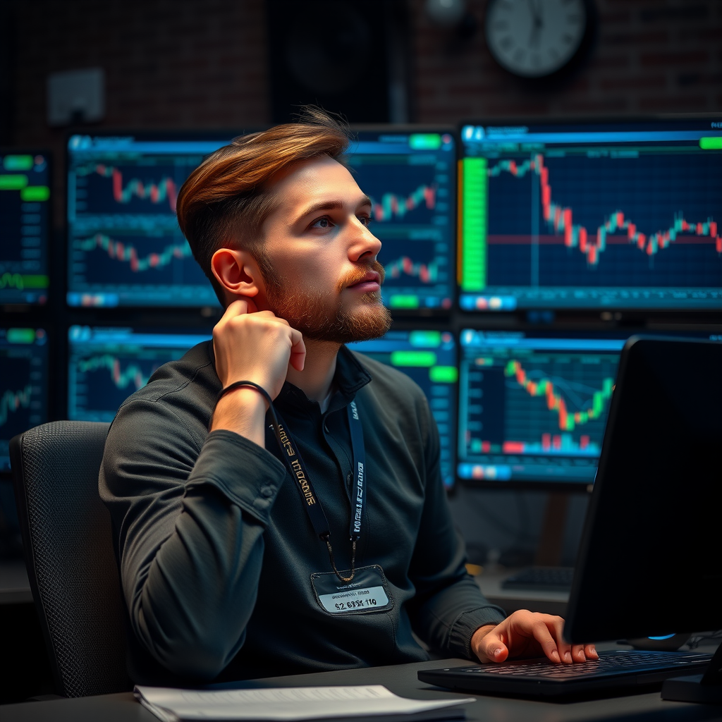 Image conceptuelle d'un trader dans une posture calme et réfléchie devant ses écrans de trading, symbolisant la patience, la discipline et la mentalité gagnante nécessaires pour réussir dans le trading