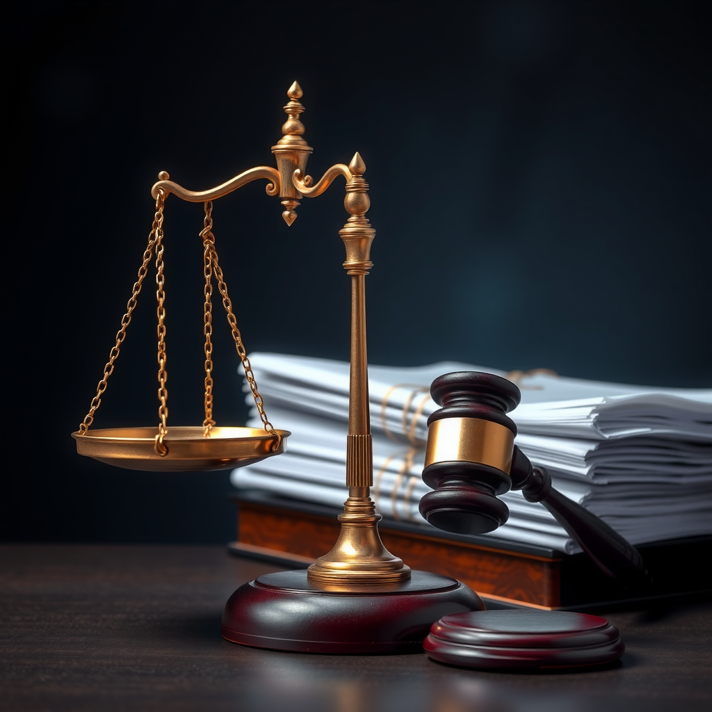 Balance de justice avec marteau de juge et documents légaux, représentant les clauses de limitation de responsabilité et la protection juridique