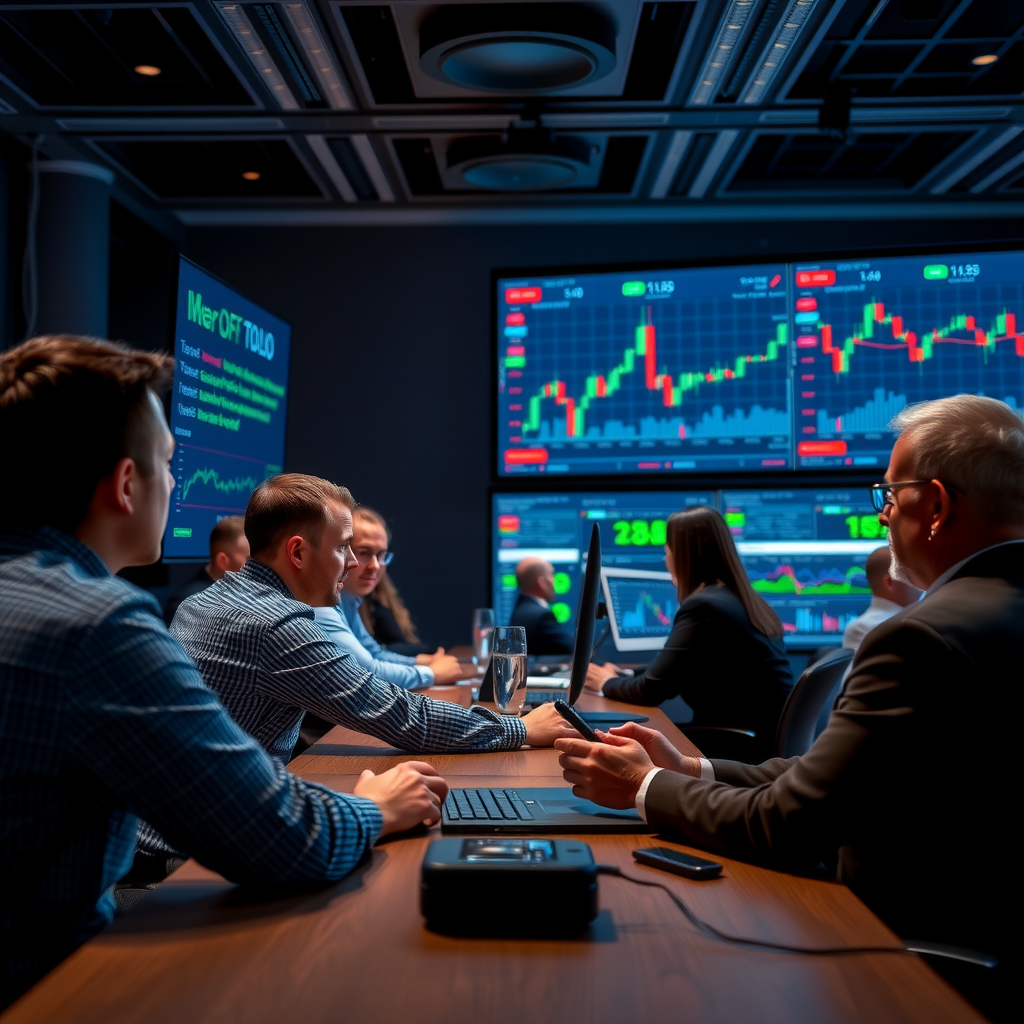 Événement de networking de traders professionnels avec discussion de trading en direct, partage de stratégies et analyse collaborative des marchés