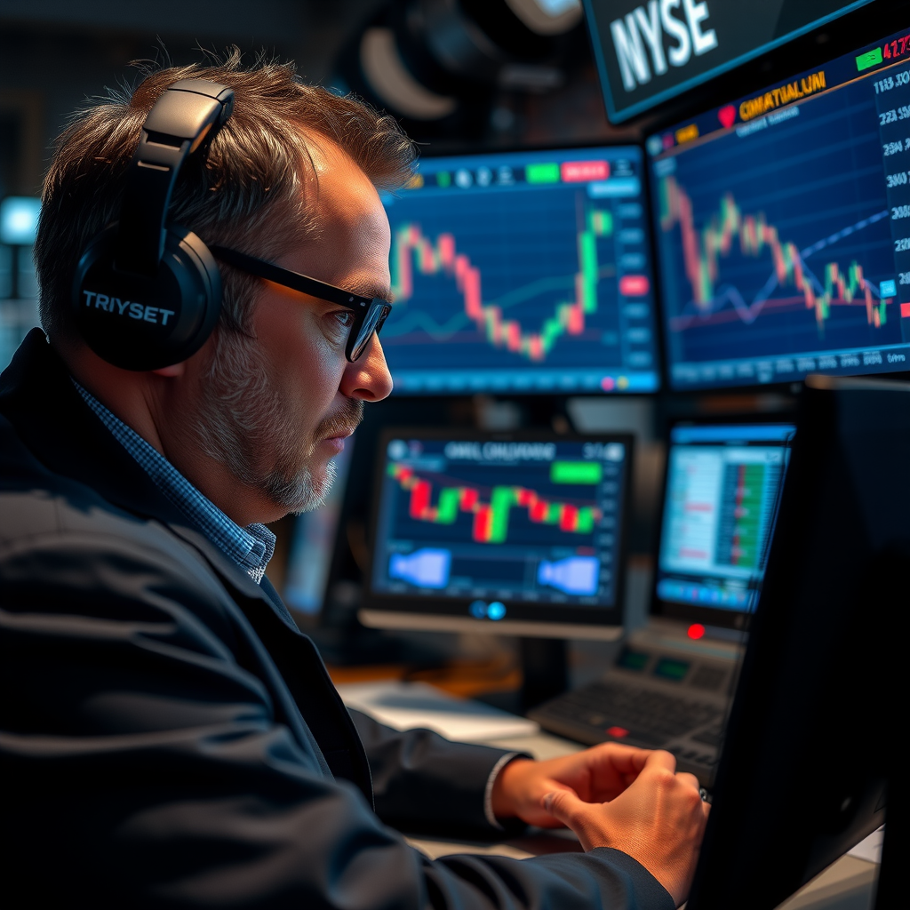 Trader concentré réagissant en temps réel à la publication du rapport sur l'emploi, avec écrans montrant la volatilité des marchés, graphiques en chandelier et flux d'ordres