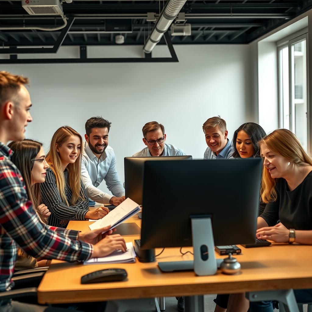 Groupe diversifié de personnes collaborant autour d'une table avec ordinateurs, représentant une communauté respectueuse et professionnelle de traders en formation